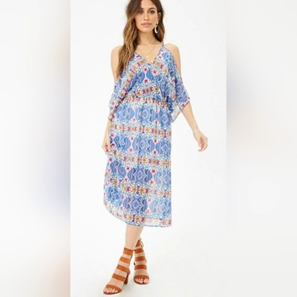 Ark nc Cold Shoulder Halter Floral Midi Dress Blue White Pink Flowy Summer Large